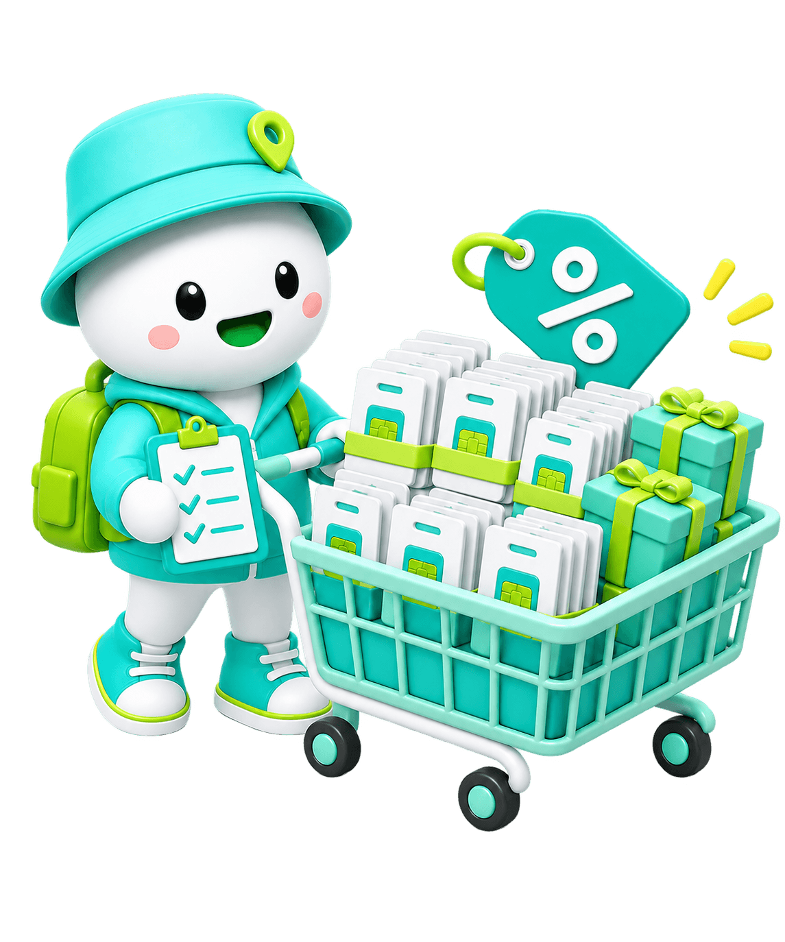Bulk purchase illustration with multiple eSIMs and group travel essentials