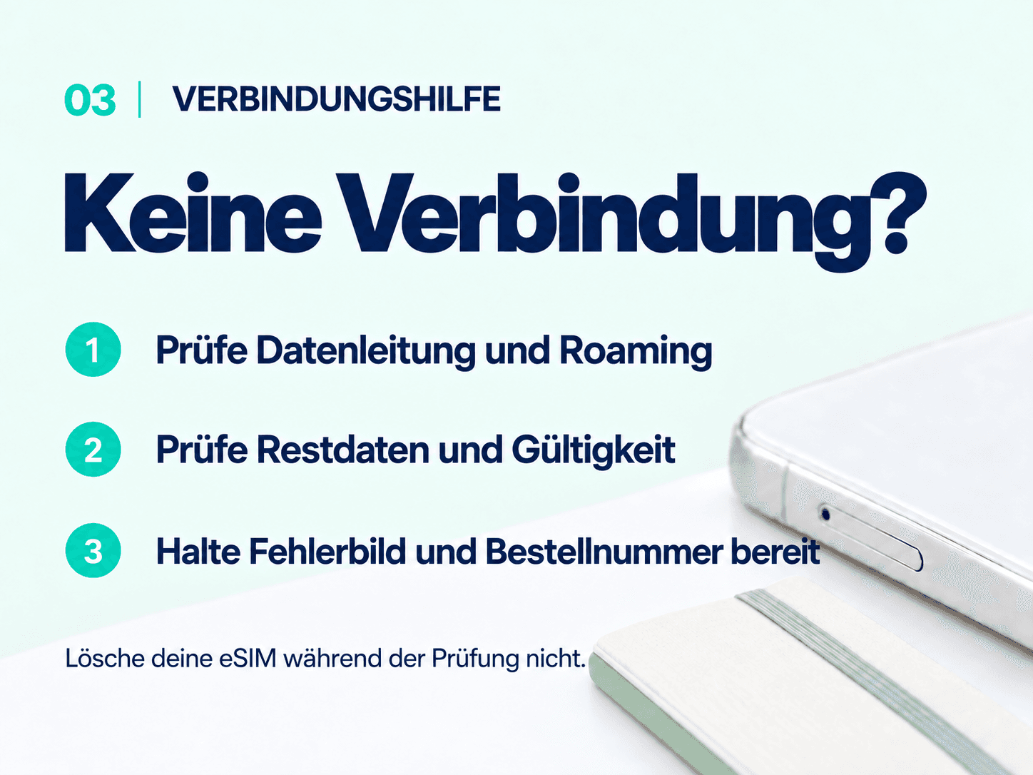 Connection help: check your data line, roaming, data balance and validity. Keep your eSIM installed and have your error screen and order ID ready.