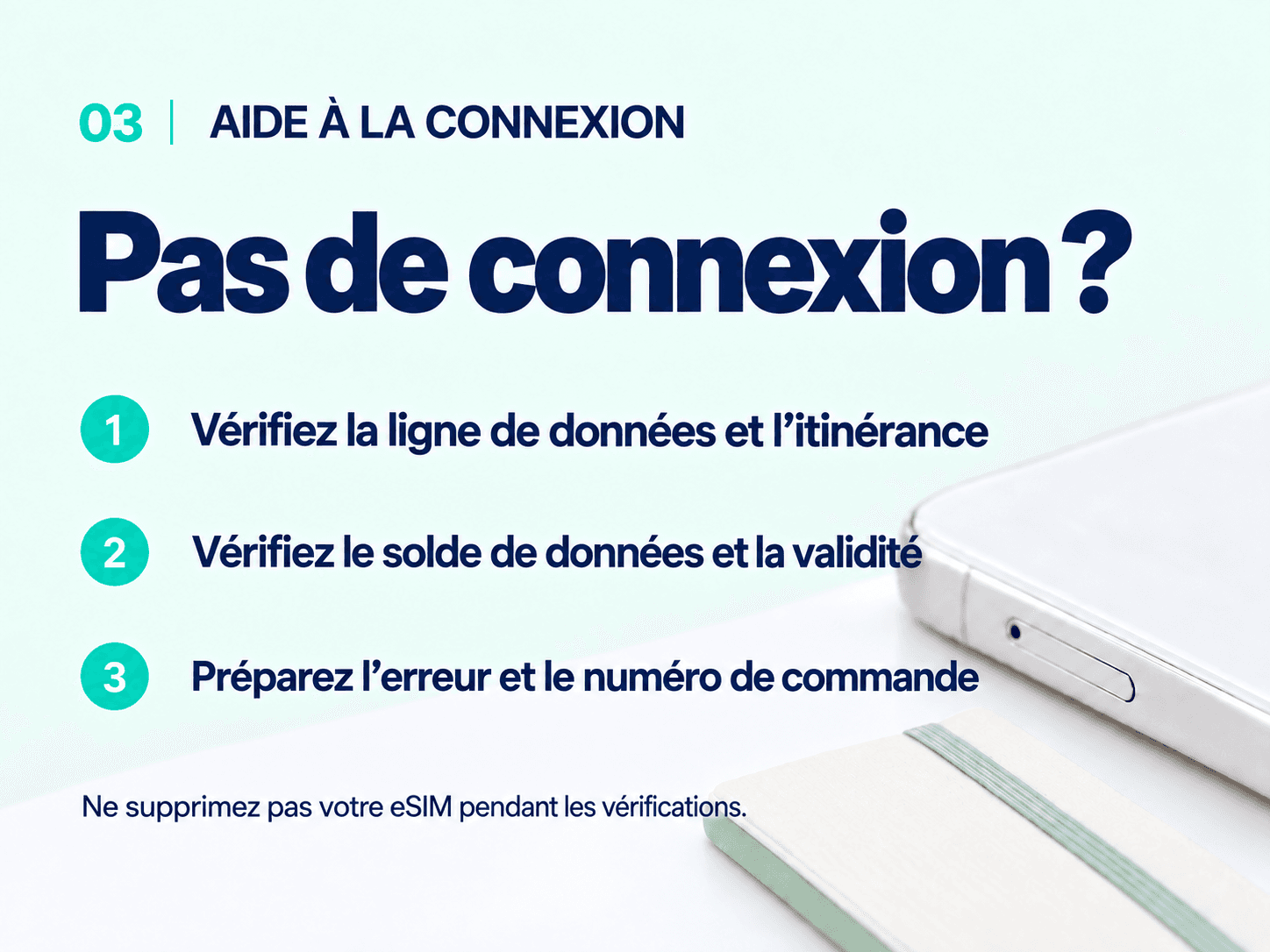 Connection help: check your data line, roaming, data balance and validity. Keep your eSIM installed and have your error screen and order ID ready.