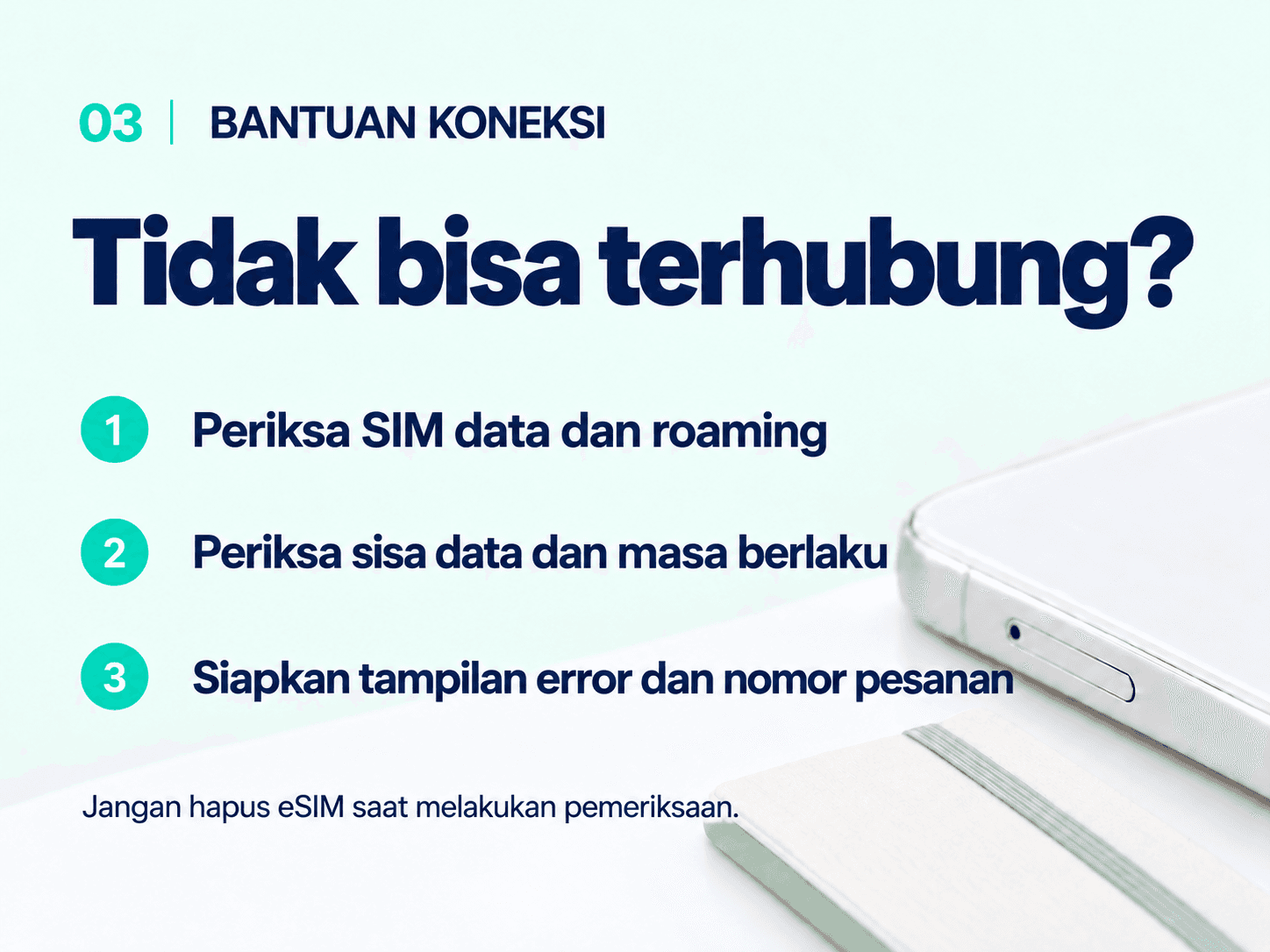 Connection help: check your data line, roaming, data balance and validity. Keep your eSIM installed and have your error screen and order ID ready.