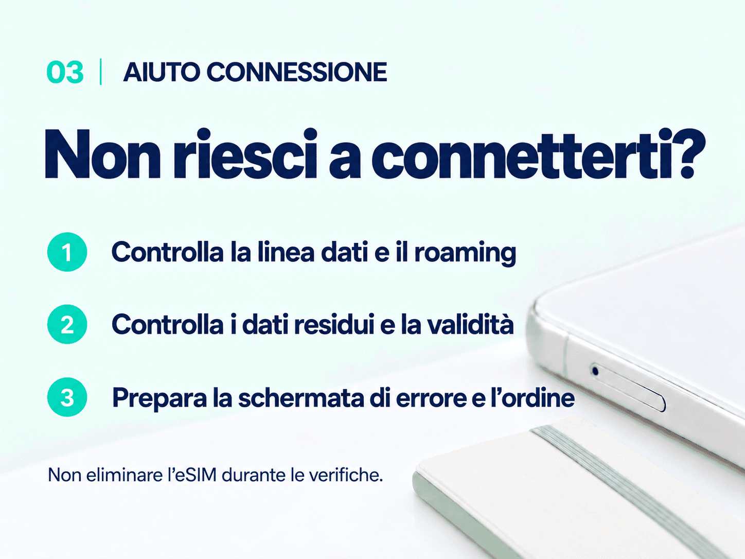 Connection help: check your data line, roaming, data balance and validity. Keep your eSIM installed and have your error screen and order ID ready.