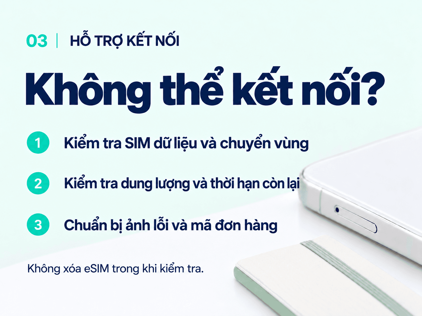 Connection help: check your data line, roaming, data balance and validity. Keep your eSIM installed and have your error screen and order ID ready.
