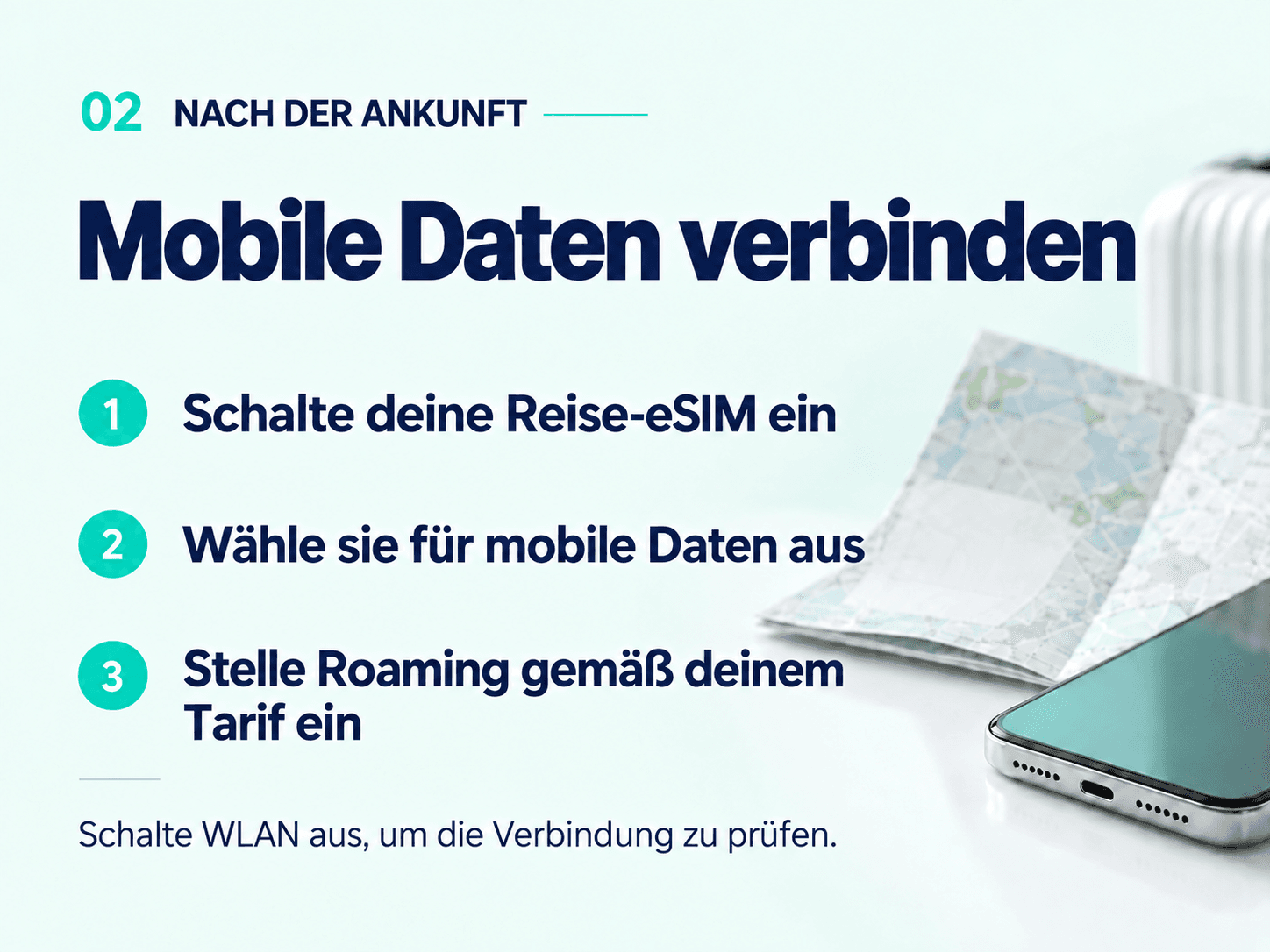 On arrival: enable your travel eSIM, select it for mobile data and check roaming. Turn off Wi-Fi to test.