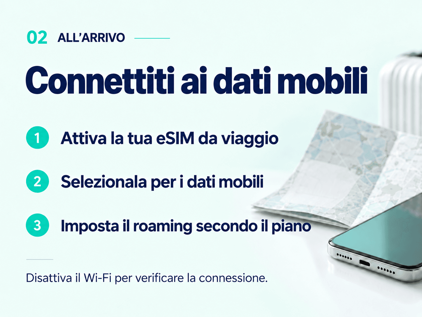 On arrival: enable your travel eSIM, select it for mobile data and check roaming. Turn off Wi-Fi to test.