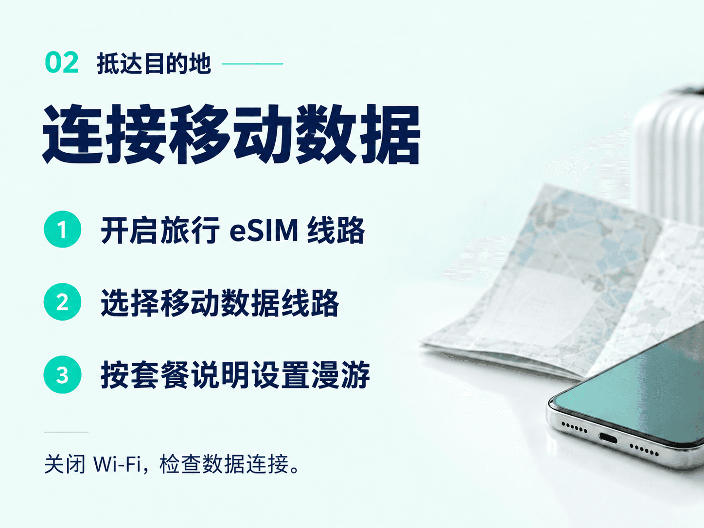抵达后：开启旅行 eSIM，选择移动数据线路，按套餐说明设置漫游。关闭 Wi-Fi 检查连接。